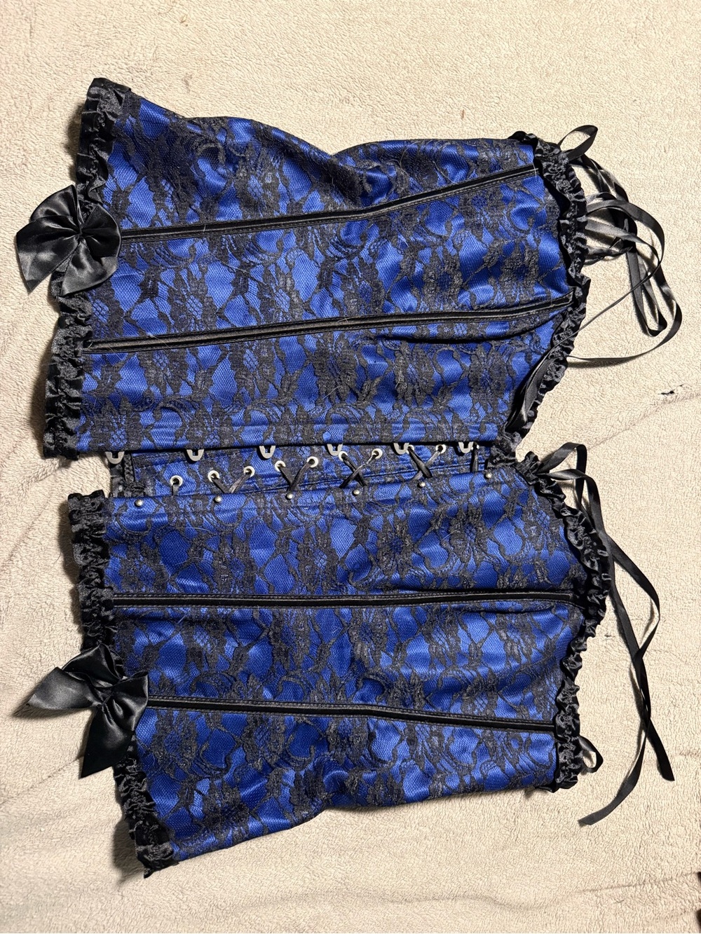 Blue Lace-Overlay Satin Corset Top with Black Trim - Size 18